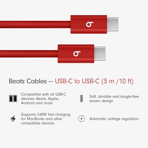 Image of Beats 240W USB-C to USB-C Braided Cable, Fast Charging, Durable /Tangle Free, Compatible with Apple and Android Devices (3 m /10 ft) - Rapid Red
