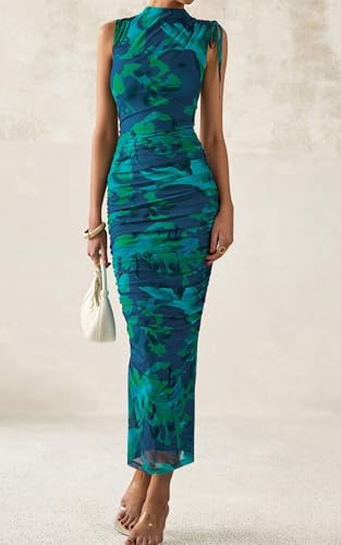 PRETTYGARDEN Women's Summer Maxi Floral Dresses Ruched Bodycon Sleeveless Mesh Formal Wedding Guest Cocktail Split Long Dress