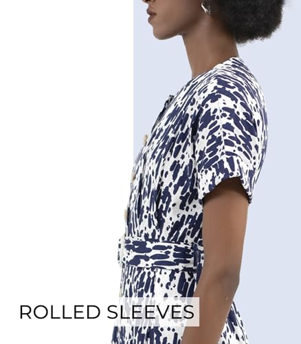 Image of SIXDO 2025 Womens Midi Dress A Line Front Button Adjustable Belt Round Neck Roll Short Sleeve Work Office