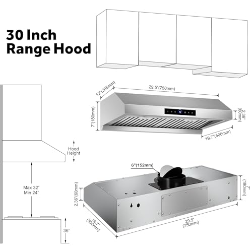 Image of 30 inch Range Hood Under Cabinet 1200 CFM with 4-Speed Gesture Sensing & Touch Control, Stainless Steel Kitchen Stove Vent Hoods with 2 LED Lights, Time Setting, Dishwasher-Safe Baffle Filters