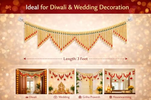Image of Traditional Golden Beads Toran for Door | Green & Red Accent Bandarwal with Hanging Bells | 3 Feet Length, 7.5 Inch Height | Festive Door Decoration for Diwali, Pooja, Wedding & Griha Pravesh