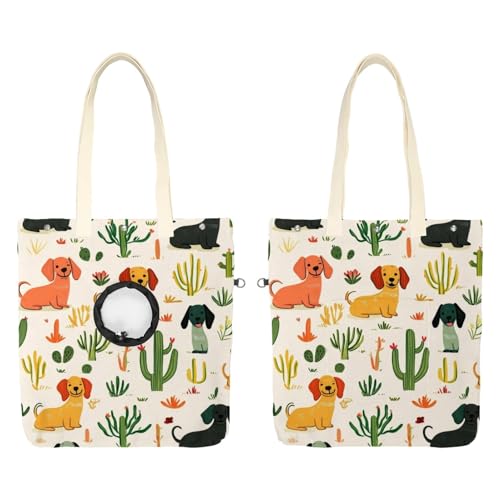 Pet Canvas Shoulder Bag Soft-Sided,Dog Purse Carrier for Small Dogs and Cats, Portable Pet Handbag with Adjustable Hole, Pet Washable Travel Tote Bag,Cartoon Plant Dachshund 19.3''x16.5''