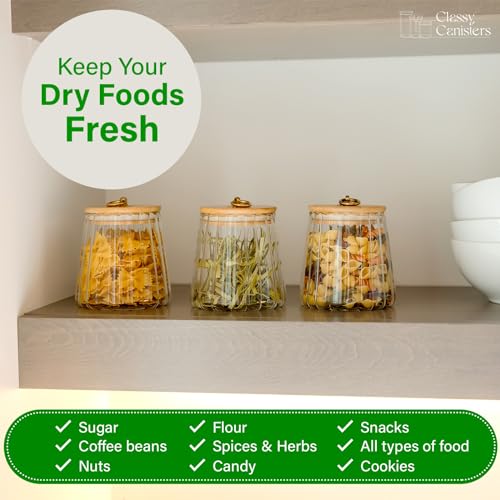 Set of 3 Round Glass Jars With Bamboo Lids - Classy Bamboo Glass Storage Containers for Coffee, Sugar, Candy, Rice, Pasta & More - Decorative 23 Ounce Borosilicate Glass Canisters With Airtight Lids