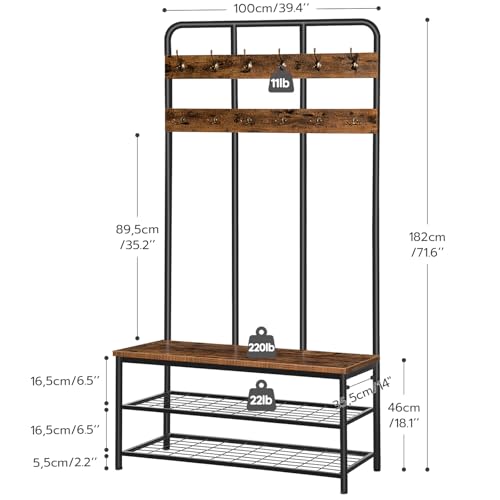 HOOBRO Hall Tree with Bench, Entryway Bench with Coat Rack, Mud Room Rack with 12 Double Hooks and Shoe Storage, Coat Tree, Shoe Rack Organizer, for Foyer, Front Door, Rustic Brown BF05MT01