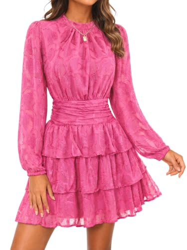 Image of Wenrine Womens Long Sleeve Mini Dress Floral Tiered Smocked Party Dresses | Cut Out, High Waist, Ruffle Design, Boho Style, Button Back, Night Out, Fall Winter