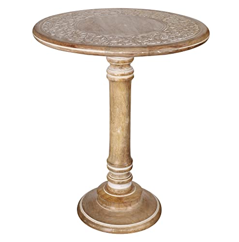 Single Pillar Round End Table Wooden, Modern Round Coffee Table, Rustic End Table, Wooden Coffee Table,Side Tables, Living Room End Table For Magazines, Books And Plants-18X22 Inch White Wash #TOP4