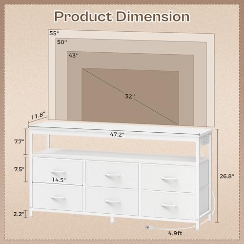 Huuger LED TV Stand for Bedroom, 47 Inch Dresser TV Stand for 43, 50, 55 Inch TV, White TV Stand with Storage, Entertainment Center with Power Outlets, 6 Drawer Fabric Dresser for Living Room