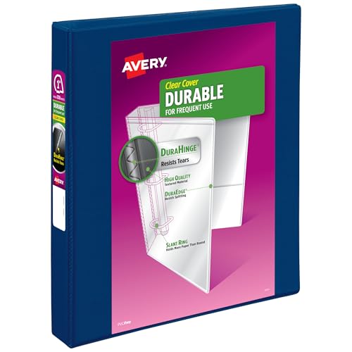 Avery Durable View 3 Ring Binder, 1 Inch Slant Rings, 250-Sheet Capacity, DuraHinge, 1.4 Inch Wide Spine, Customizable Clear Covers and Spine, 1 Dark Blue Binder (17014)