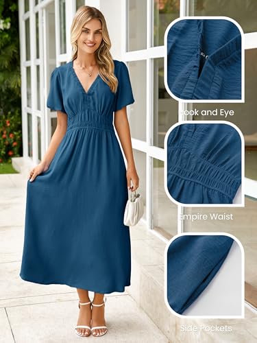 Image of Simplee Women's Summer Flowy Midi Dress Casual V Neck Short Sleeve Empire Waist Boho Beach Dress Wedding Guest Maxi Dress