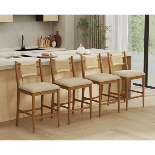CIMOTA Farmhouse Counter Height Bar Stools with Woven Rope Backs Set of 4, 25 Inch Kitchen Island Bar Chairs, Modern Boho Style, Upholstered Barstools Fits 35-40’’ Counters, Wood Legs, Cheni