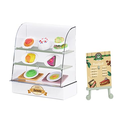 ごっこ遊びキッチンベーカリーカウンターディスプレイケース、ミニチュアデザート食品置物付きドールハウスシーンディスプレイアクセサリーミニチュアベーカリーセット、ドールハウス用