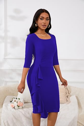 Image of Womens 1950s Vintage Bodycon Dress 3 /4 Sleeve Square Neck Cocktail Pencil Sheath Midi Dress Elegant