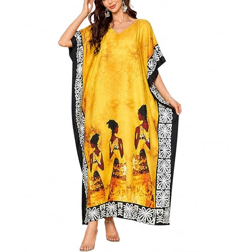 Image of Gypsie Blu Women Plus Size Kaftan Dress Beach Cover Up Maxi Dresses for Women, V-Neck Kimono Sleeve 1X-3X