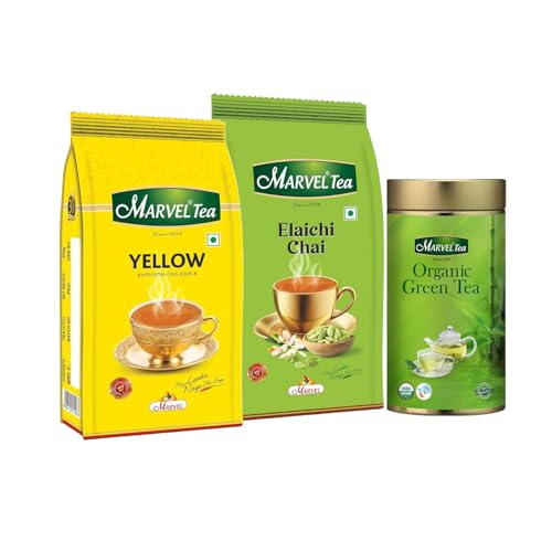 Image of Marvel Tea Combo of Yellow, Elaichi, Organic Green 2 x 100gm & Yellow, Elaichi Tea 250gm Each with Kadak Ctc, Handpicked Strong Chai from Assam & Darjeeling - Combo of 3 (700g Combo)