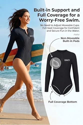 Image of Daci Women One Piece Long Sleeve Swimsuits Rash Guard Built in Bra UPF 50+