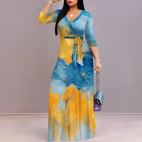 Image of PinkPatty Women's Print Maxi Dresses 3 /4 Sleeve Flowy Long Dress V Neck Wrap Tie Waist Sundress