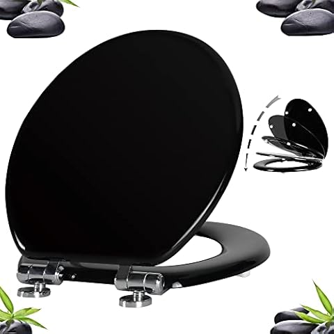 Angel Shield Toilet Seat with Zinc Alloy Hinges Quiet-Close Quick-Release Wood Molded UV Lid Easy Clean(Round,Black) Cover