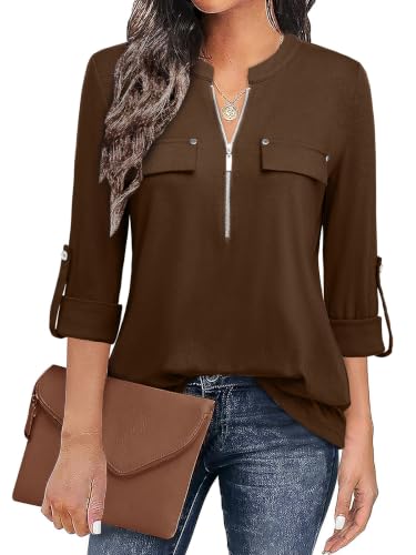 Image of Bulotus Womens 3 /4 Sleeve Tops Plus Size V Neck Zipper Business Casual Blouses for Office & Going Out Soft Knit Tunics, M-3XL