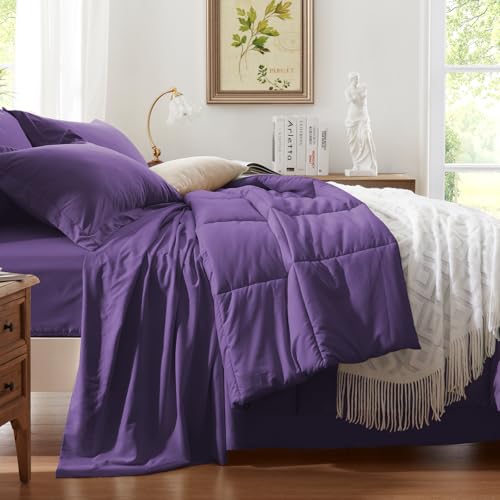 Anluoer Full Comforter Set 7 Piece, Dark Purple Bed in a Bag with Sheets, Comforters Full Size Bedding Sets with 1 Comforter, 2 Pillow Shams, 2 Pillowcases, 1 Flat Sheet,1 Fitted Sheet