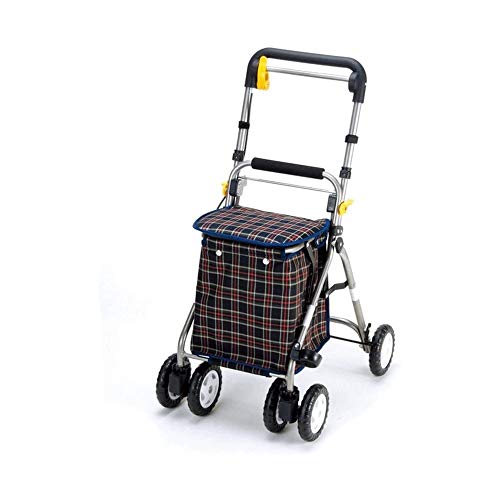 WJMLS Walker ancianos plegable portátil de la carretilla de 4 ruedas carro de compras con doble freno de la correa del tráfico con asiento plegable viejo multifuncional comestibles Carrito de la compr
