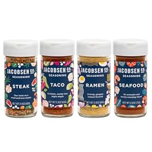 Jacobsen Salt Co. Seasoning Variety Pack – Sea Salt Soy-Free, Non-GMO, Gourmet Seasonings and Spices for Cooking, Made in USA, Real Salt Flakes – Steak, Seafood, Ramen & Taco (Pack of 4)
