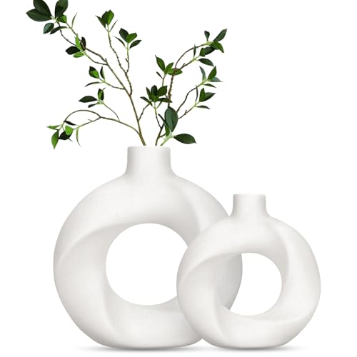 Charmofun Juego de 2 Jarrones Decorativos Modernos, Jarron Ceramica, Florero de Flores Secas en Bohemio, Jarrones para Sala de Estar y Centro de Mesa de Cena (Blanco (Grande + Pequeño))