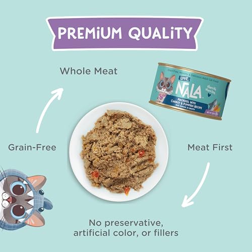 Image of LOVE, NALA - Natural Adult Cat Wet Food - Pate Mackerel with Carrot & Pumpkin Recipe- Grain Free, Non-GMO, Lean Protein, Omega 3, Digestive Fiber Blend, Added Minerals & Vitamins - 12 Pack 2.4 lbs.