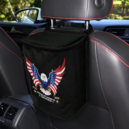 Image of American 250 Print Car Trash Can with Lid Hanging Car Trash Bag Leak-Proof Portable Car Garbage Bin Car Accessories Interior Car Organizer for 4th of July