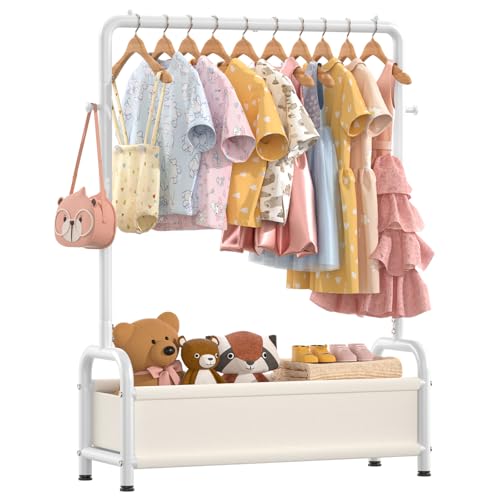 ZHKINGGS Kids Clothing Rack with Storage Shelf, Kids Dress Up Rack Storage for Coats, Small Baby Garment Rack for Hanging Clothes, Toddler Wardrobe Closet Organizer for Kids (Classic, White)