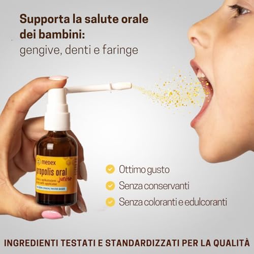 Medex Propolis Oral Junior, Mouth and Throat Spray, Water Based, Alcohol Free; Added Honey, Sage, Niacin, Spruce Tips, with Applicator, Children 3+, 30 ml