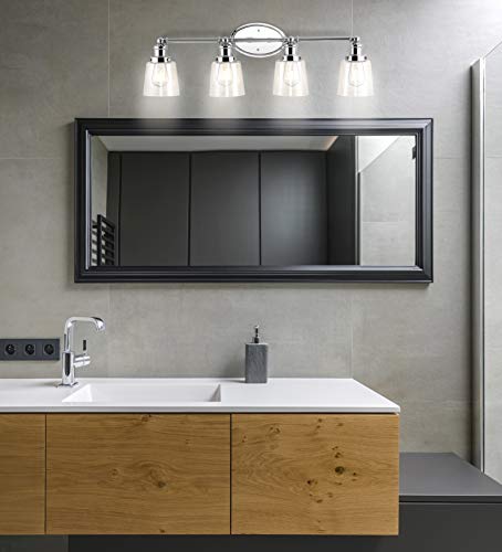 Image of JONATHAN Y 31.75 inch Chrome 4-Light LED Vanity Light, Farmhouse Wall Sconce for Bathroom Mirror, Clear Seeded Glass Shade, Rustic Iron Fixture for Kitchen Hallway, LED Bulb Included (JYL7533A)