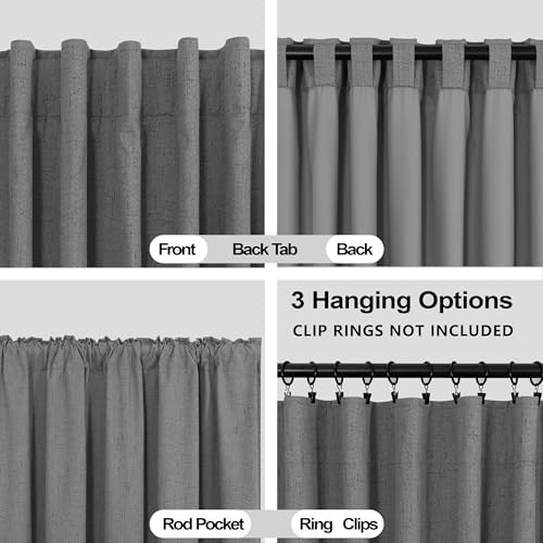 Image of KOUFALL Grey Curtains 132 Inches Long Blackout Linen Back Tab Black Out Pleated Curtains for Living Room 2 Panels Set