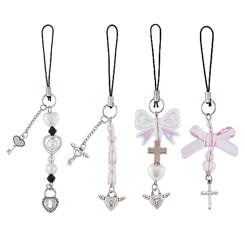 SUPERFINDINGS 4Pcs 4 Styles Bowknot Heart Pearl Mobile Straps with Alloy Pendants Pink Transparent Beaded Phone Charms Phone Lanyard Strap Phone Charms Mobile Accessories Decorations 11-13cm