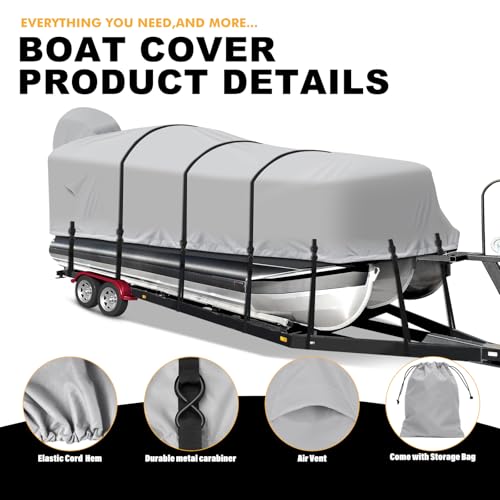 Pontoon Boat Cover, Heavy Duty 1200D Waterproof Pontoon Cover with Motor Cover and Windproof Adjustable Metal Buckle, 17-20 ft, Gray