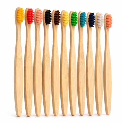 Cepillo de dientes de bambú natural para adultos, paquete de 10 unidades, sin BPA, cerdas suaves, juego de cepillos de dientes de madera con diferentes colores