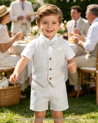 Image of SANGTREE Baby Boy Suit Wedding Ring Bearer Outfits Vest Short Sleeve Bowtie Shirt Suspender Summer Gentleman Shorts Sets