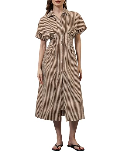 Image of MSBESYOR Women Button Front Pleated Shirt Maxi Dress Summer Striped Prints Short Sleeve Collar Casual Long Dresses Brown