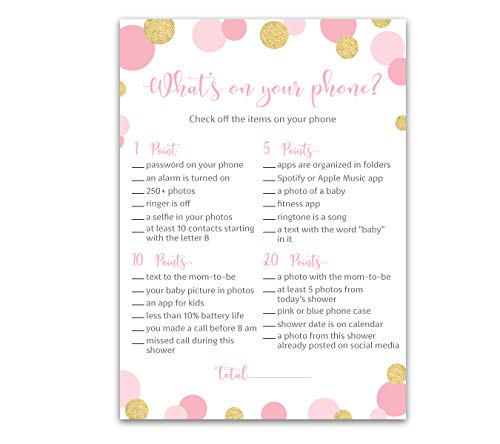 Pink and Gold Polka Dot Baby Shower Game â€” WHAT'S ON YOUR PHONE Baby Shower Game â€” Pack of 25 â€” Baby GIRL Shower Game, Pink Polka Dots Baby Shower Activity, Confetti Coed Co-ed Couples Shower G810-PHN