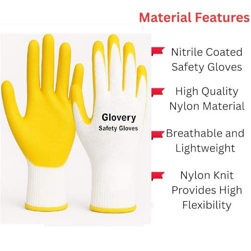Image of Nylon Safety Work Gloves with Nitrile Coating - Industrial-Grade Protection for Cleaning, Warehouse, Mechanics, Construction - Durable, Flexible, Non-Slip Grip (White & Yellow, 10 Pair)