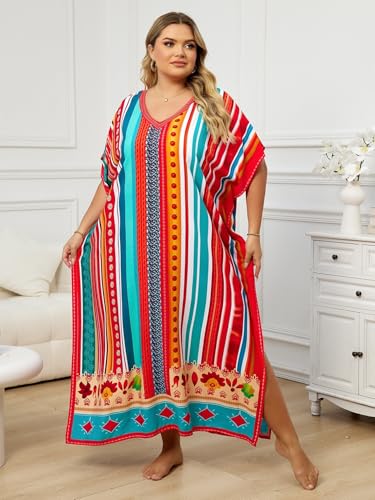 Image of KECVOT Kaftan Dresses for Women V-Neck Print Swimsuit Cover Up Plus Size Beach Caftan Lounge Dress