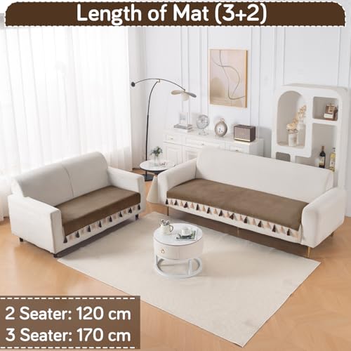 Image of HOKIPO Premium Holland Velvet Sofa Cover Mat with Tassel 5 Seater(3+2) | 'TasselTone Series' | Warm Taupe (IN-1108+1106-BRN)