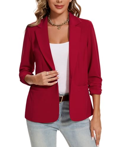MINTLIMIT Blazer for Women One Button Notched Lapel Suit Jackets Lightweight Pocketed Ruched 3/4 Sleeve Blazer for Bussiness Casual,Red,L
