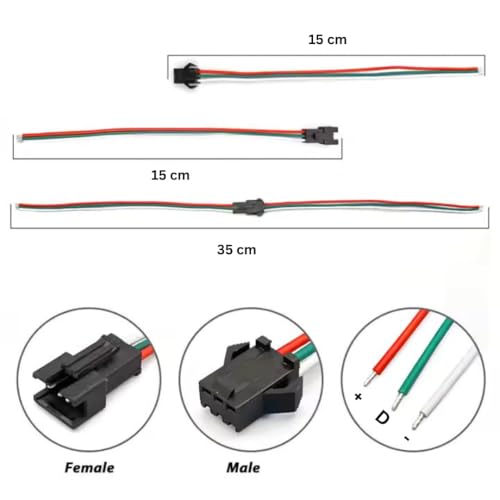 Image of 5 PAIRS JST SM 3-Pin Connector Set: Male & Female Snap-Lock Plug with 15cm 22AWG Wire for WS2812B LED Strips