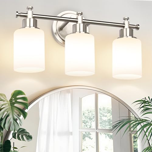 Image of 3-Light Bathroom Vanity Light Fixture, Brushed Nickel Compact Vanity Light with White Frosted Glass Shades for Mirror, Bathroom, Living Room, Modern Style, E26 Base, 16 Inch