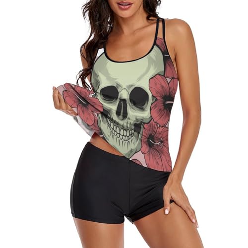 Tankini tête de mort fleur rouge avec short pour sublimer vos journées à la plage - 2