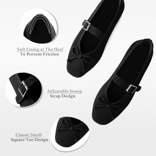 Women's Square Toe Flats Bowknot Mary Jane Ballet Flats Knit Flat Shoes for Women with Adjustable Straps Comfortable Office3