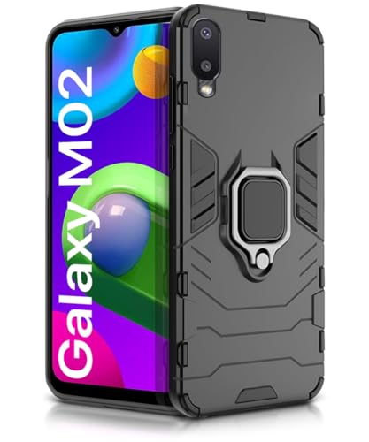Image of WOW IMAGINE Shockproof Back Case Mobile Cover for Samsung Galaxy M02 (Armor | Hybrid PC + TPU | Full Protection with Ring Holder Kickstand | Carbon Black)