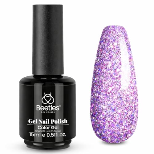 Image of Beetles Purple Gel Nail Polish - 15ml Purple Glitter Gel Polish Soak Off UV LED Shimmer Rose Quartz Glow Color Nail Art Long Lasting Glossy Salon and DIY Nail Manicure Spring Gift for Women