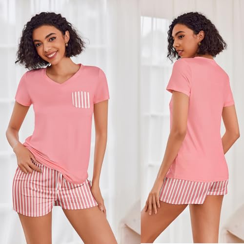 Image of Ekouaer Womens Pajama Sets Short Sleeve Pajamas for Women Sets Soft Lounge Sets Casual V Neck Sleepwear PJS