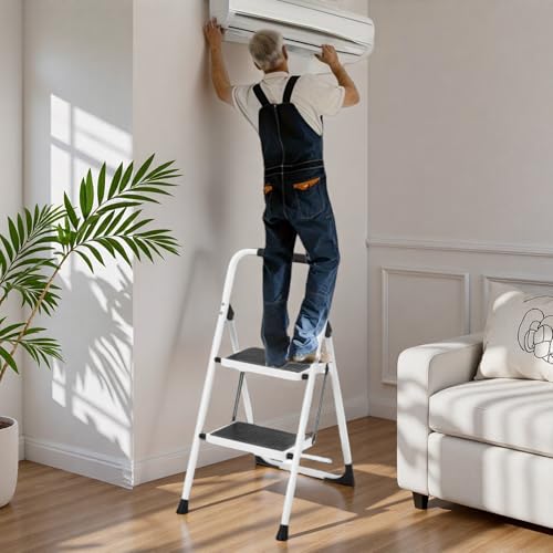 Image of 2 Step Ladder Foldable, Lightweight Step Stool Folding,Ladder for Home Use with Wide Pedal and Anti-Slip, Portable and Stability Ladders with Handrails for Adults Kitchen Household Outdoor, White